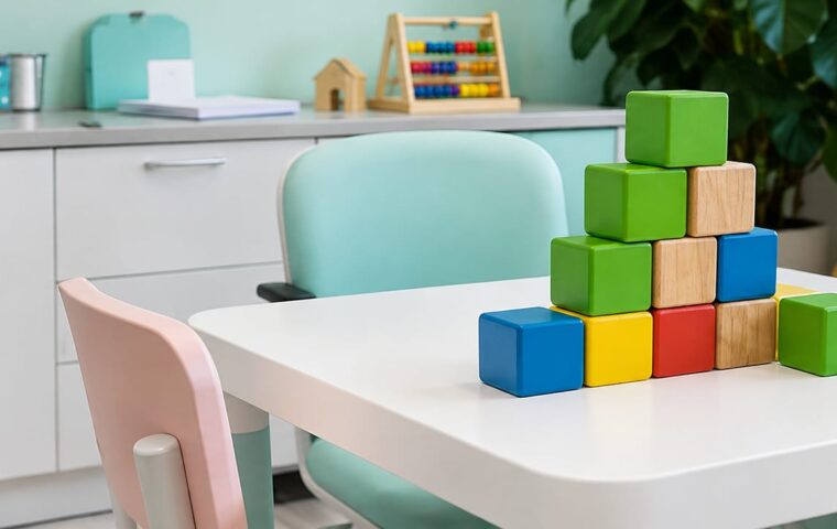 Sala de atendimento infantil com mesa, cadeiras e blocos coloridos, representando um ambiente de aprendizagem e intervenção comportamental.