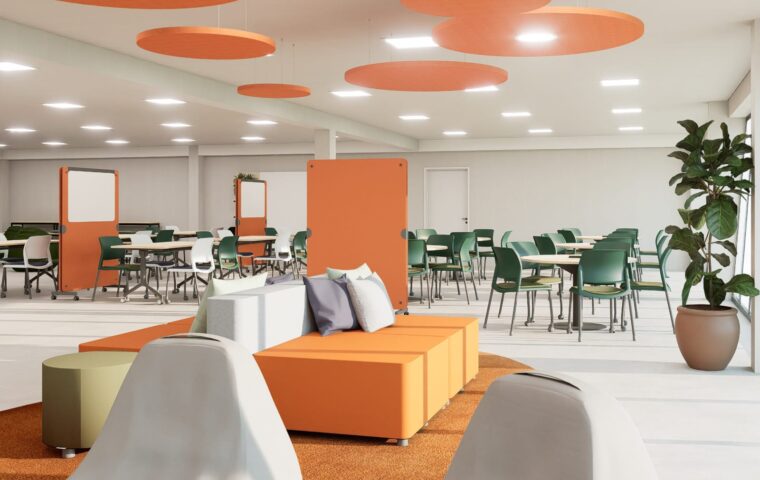 Ambientes com mobiliário flexível.