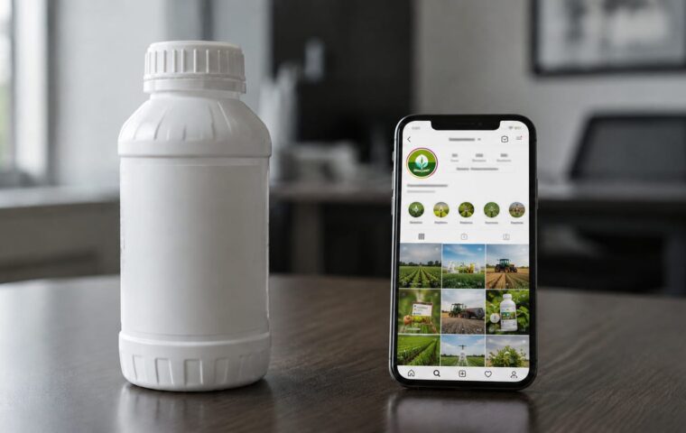 Frasco genérico de defensivo agrícola ao lado de um celular exibindo um perfil fictício do setor nas redes sociais, em ambiente corporativo.