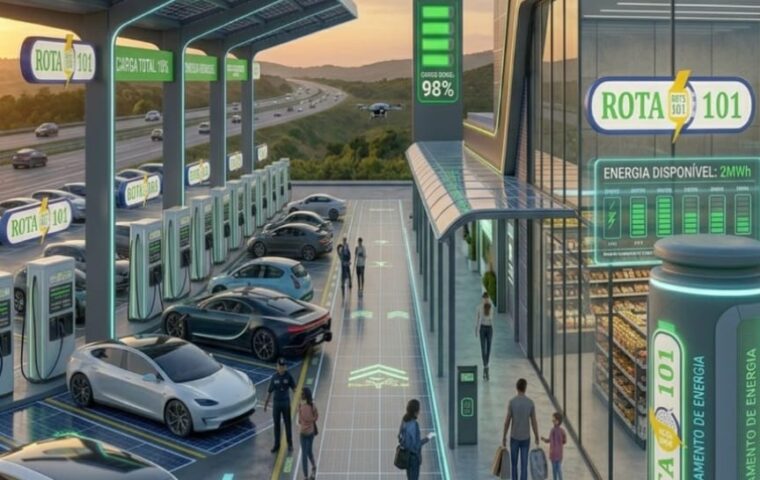 Projeção conceitual de unidade da rede Rota BR 101: estação de recarga rápida com carregadores DC, cobertura fotovoltaica e conveniência integrada ao longo do corredor da BR-101.