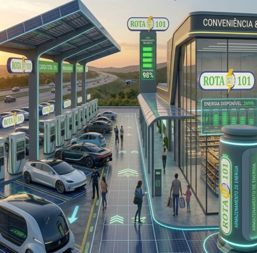 Projeção conceitual de unidade da rede Rota BR 101: estação de recarga rápida com carregadores DC, cobertura fotovoltaica e conveniência integrada ao longo do corredor da BR-101.