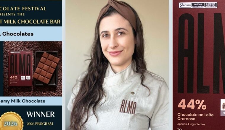Francine Corrado, engenheira de alimentos e proprietária da ALMA Chocolates, celebra a medalha de prata na categoria chocolate ao leite do Chocolate Alliance Awards.