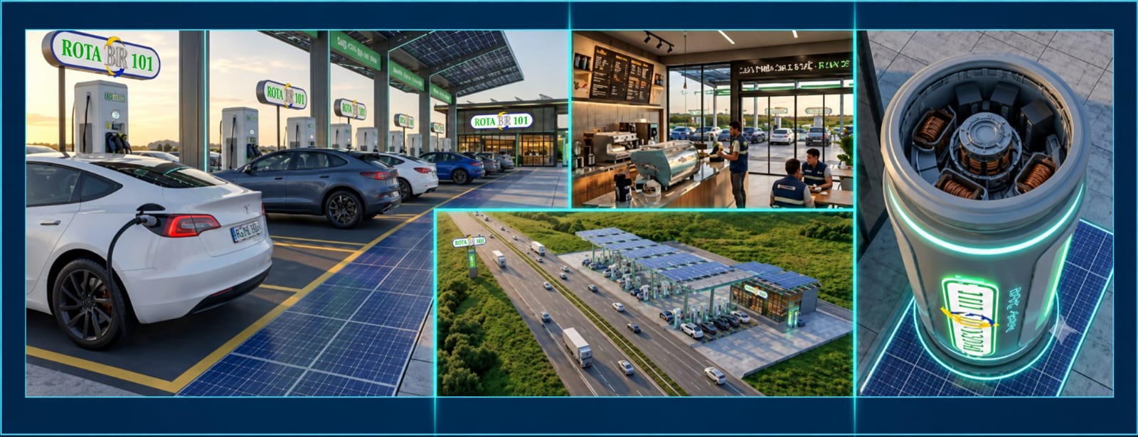 Projeção conceitual do modelo de unidade da Rota BR 101, com eletroposto, conveniência completa e cafeteria integradas e implantação à beira da rodovia.