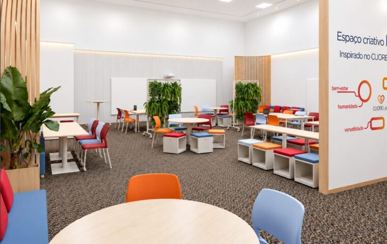 CuoreLab®, conceito de ambiente educacional colaborativo que combina design ergonômico, flexibilidade, elementos naturais, tecnologia e princípios de aprendizagem ativa.