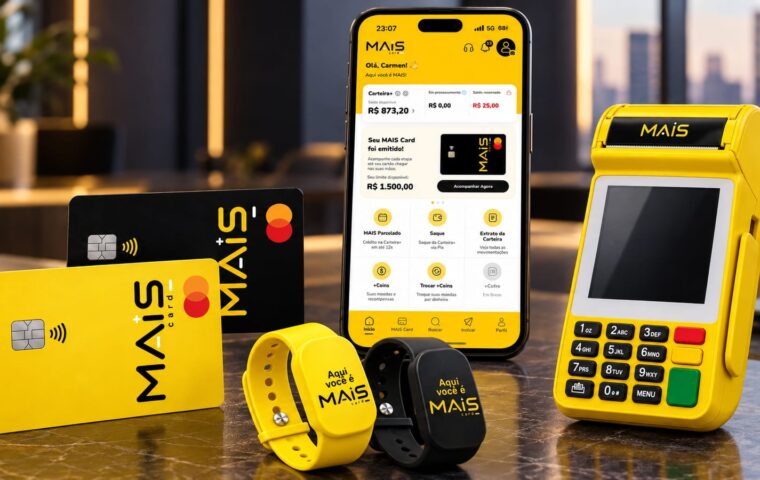 Ecossistema da MAIS Card reúne cartão de crédito, aplicativo, maquininha e pulseiras NFC em uma experiência financeira integrada.
