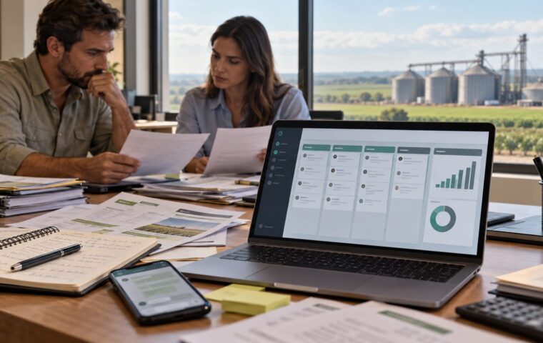 Imagem ilustrativa de profissionais do agronegócio analisando documentos ao lado de um computador com CRM, representando o desafio de conectar a tecnologia à rotina de gestão comercial.