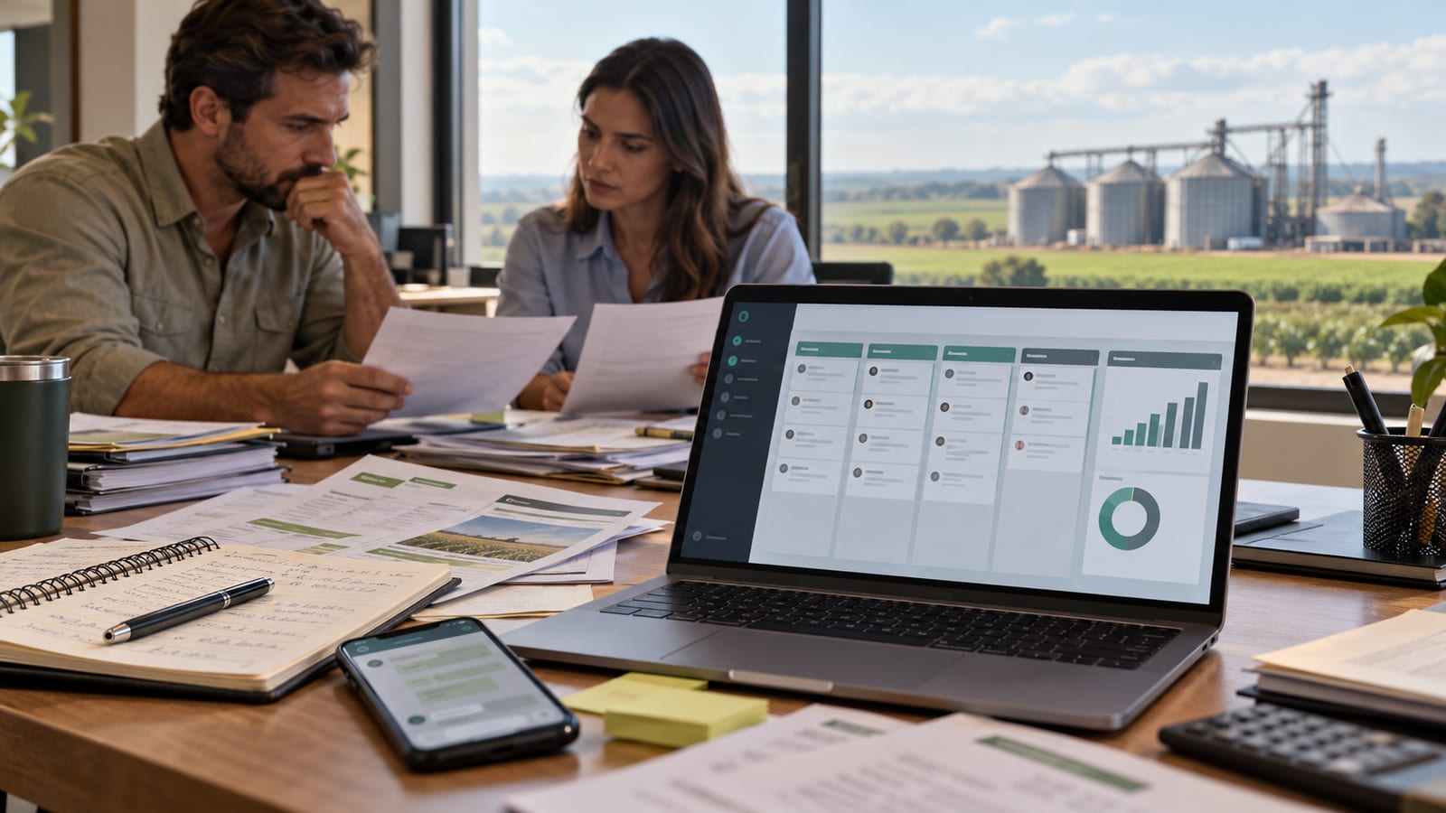 Imagem ilustrativa de profissionais do agronegócio analisando documentos ao lado de um computador com CRM, representando o desafio de conectar a tecnologia à rotina de gestão comercial.